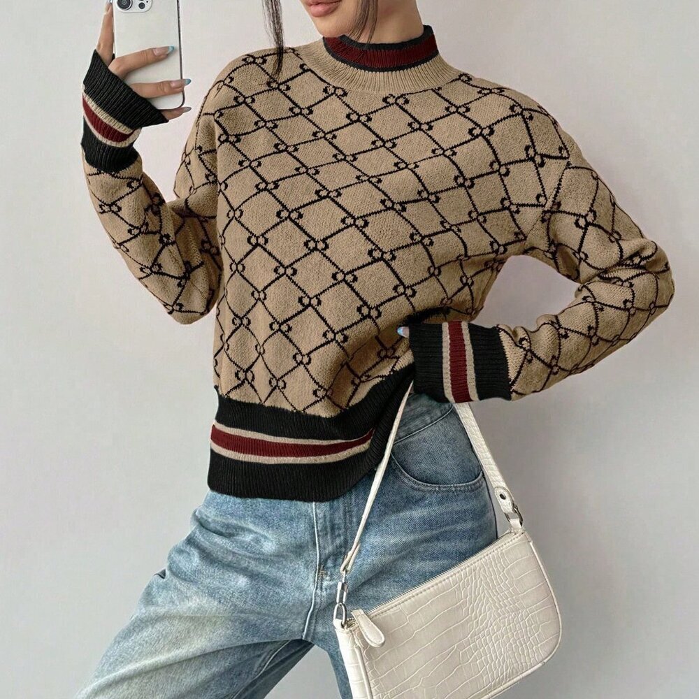 Khaki Casual Women's Geometric Embroidery Crew Neck Sweater - Picture 4 of 6